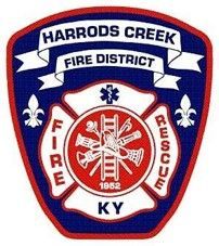 Harrods Creek Fire District patch with red, white, and blue emblem; fire tools, star of life, and text 