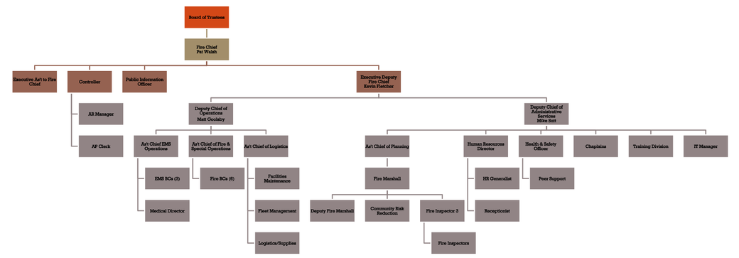 Flowchart with orange top boxes and many gray connected boxes branching across the page