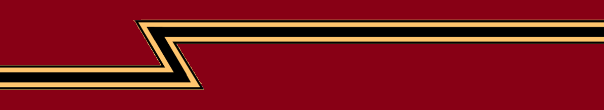 Red background with a gold and black zig-zag stripe across the top.