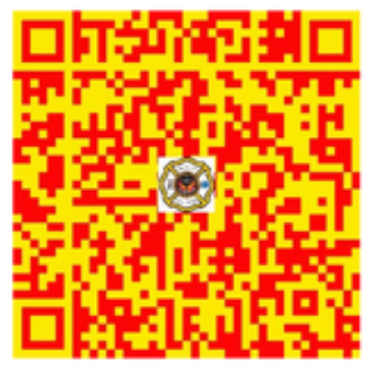 Red and yellow QR code with a small circular emblem in the center