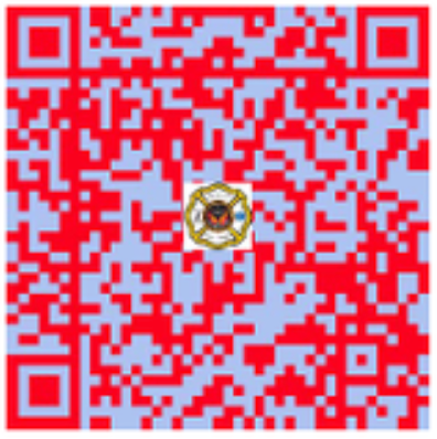 Red-and-light-blue QR code with a small circular emblem in the center