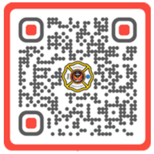 Red-bordered QR code with a small fire department-style emblem in the center.