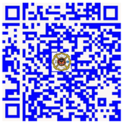 Blue QR code with a small circular emblem in the center