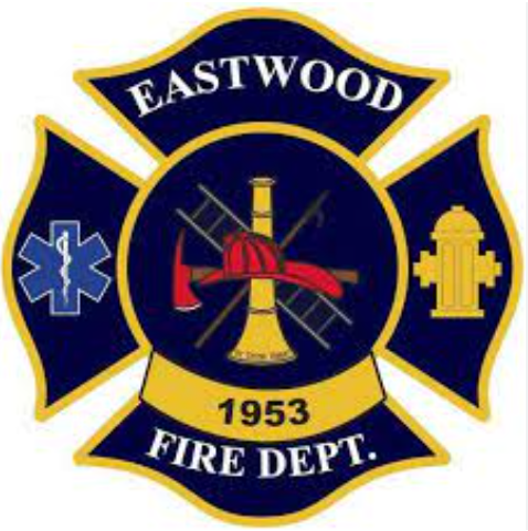 Eastwood Fire Dept. logo with Maltese cross design, blue, gold, and white. Includes medical, fire, and hydrant symbols.