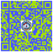 Blue and lime QR-code pattern with a circular emblem in the center