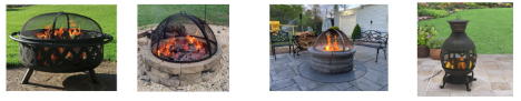 Four views of a black metal fire pit with glowing embers on a patio at dusk