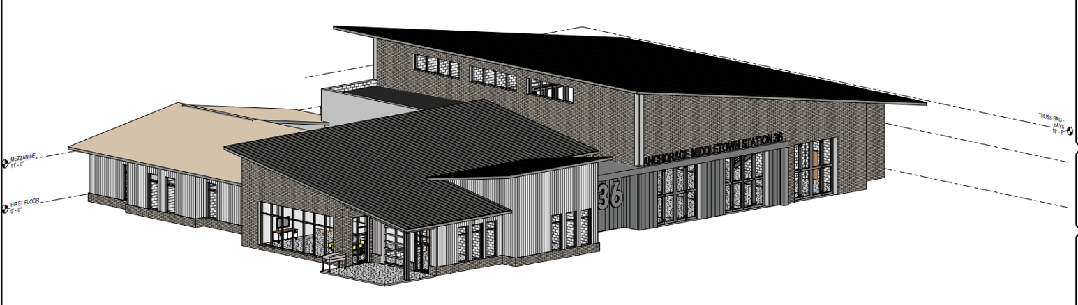 3D rendering of a modern building complex with gray walls and a large black roof
