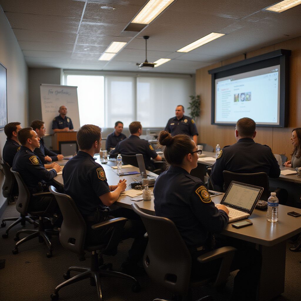 Police officers in a conference room attending a presentation, some using laptops, projector screen visible.