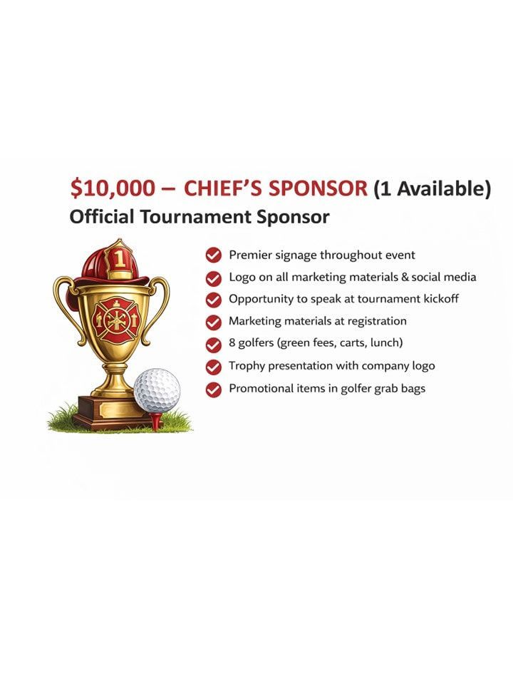 A golf tournament sponsorship package for $10,000, including premier signage, media mentions, and promotional items.