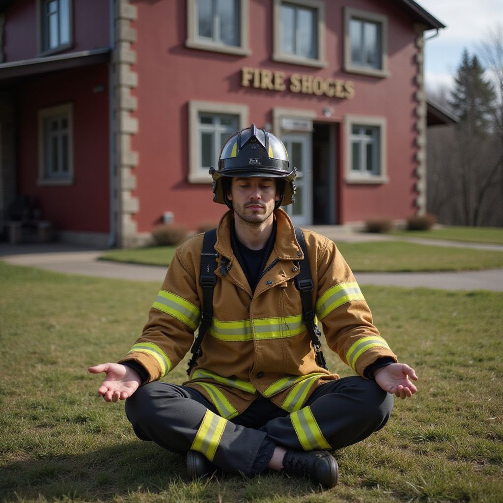 Firefighter meditating in front of a fire station with closed eyes, wearing a helmet and gear, sitting cross-legged on grass.