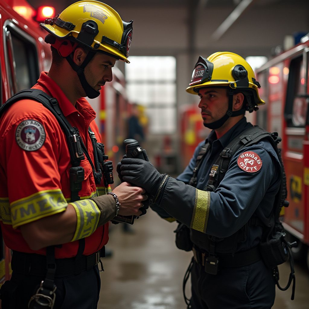 Two firefighters in helmets and gear examine a tool in a fire station.