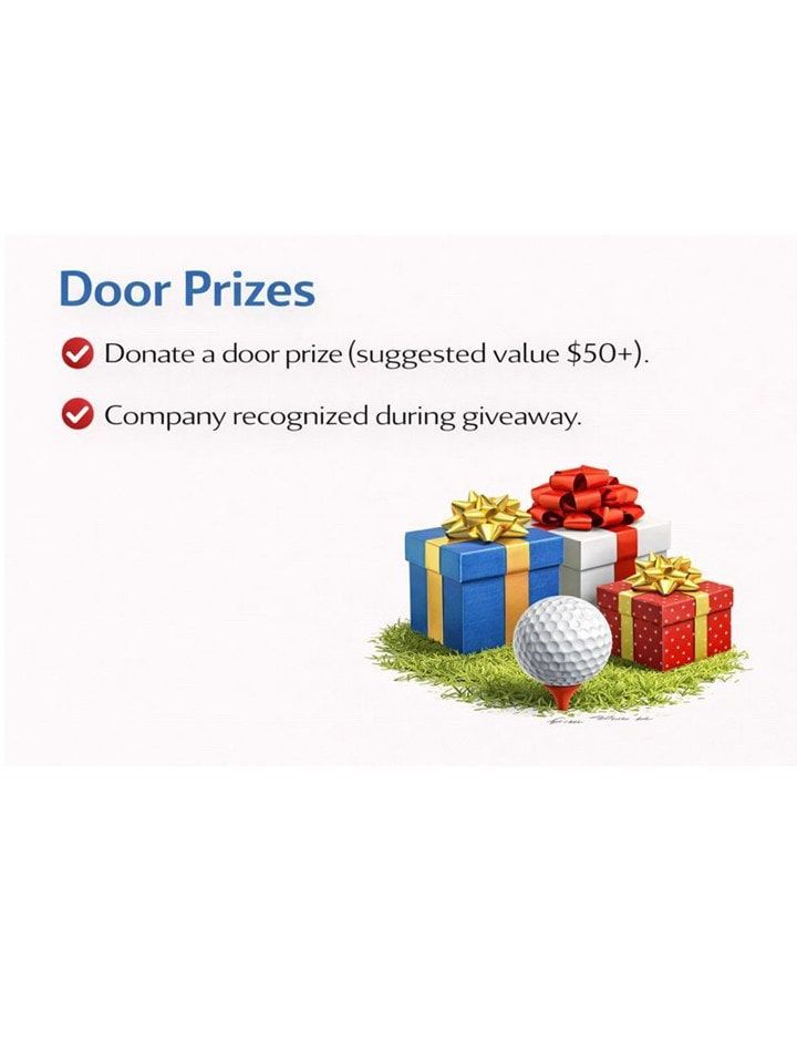 Advertisement for door prizes, with gifts and golf ball.