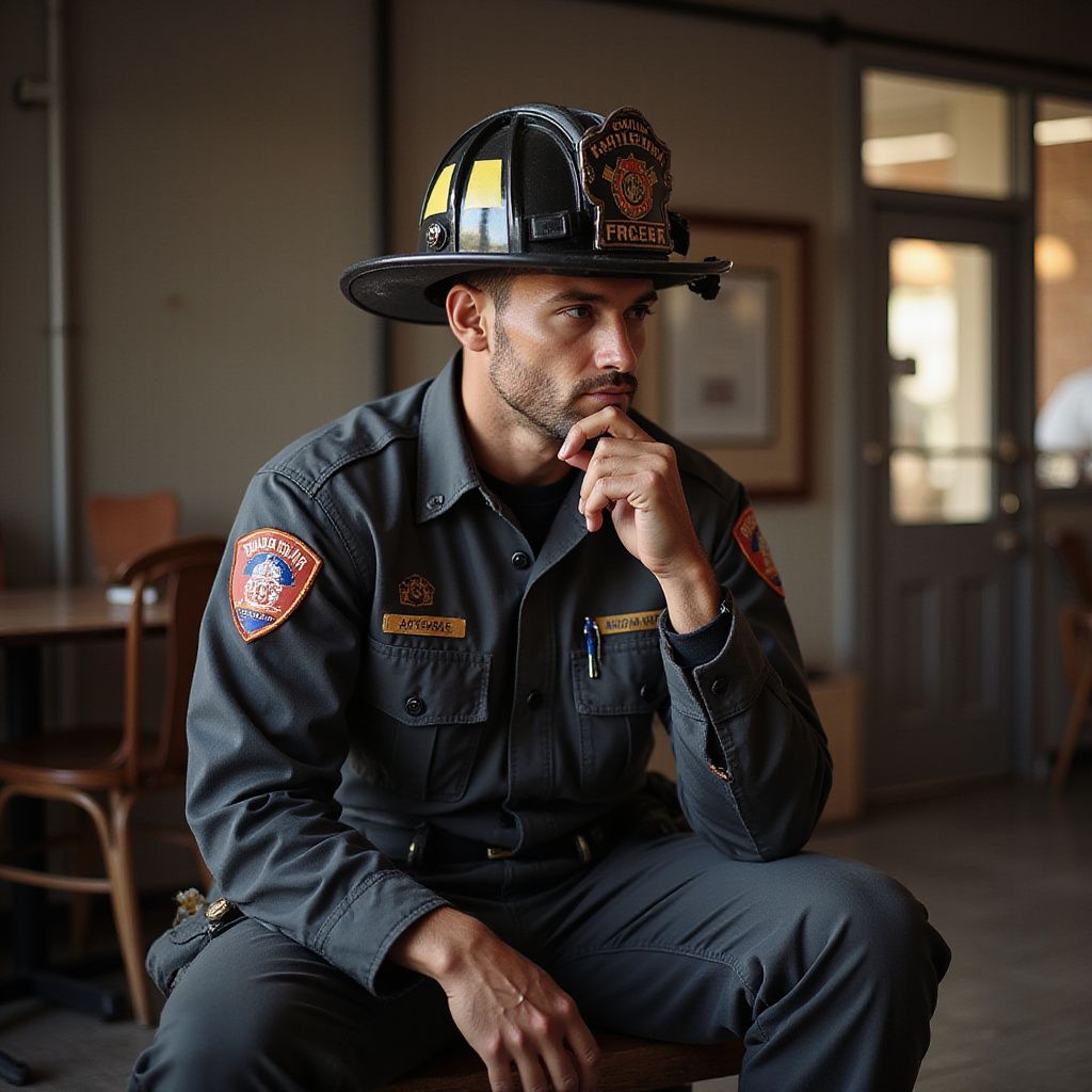 Firefighter in uniform and helmet thoughtfully sitting.