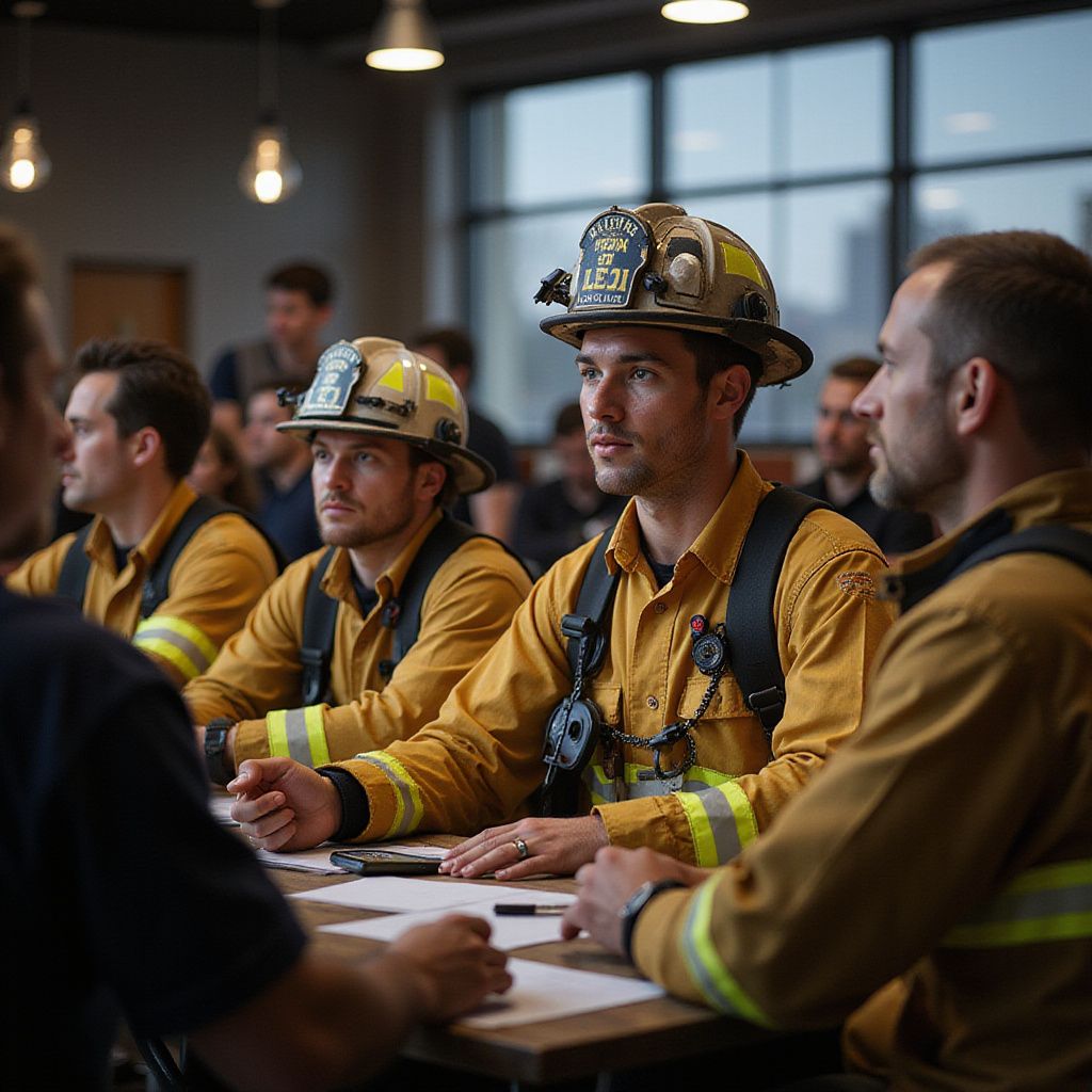 Firefighters in yellow uniforms at a table, some wearing helmets, listening intently.