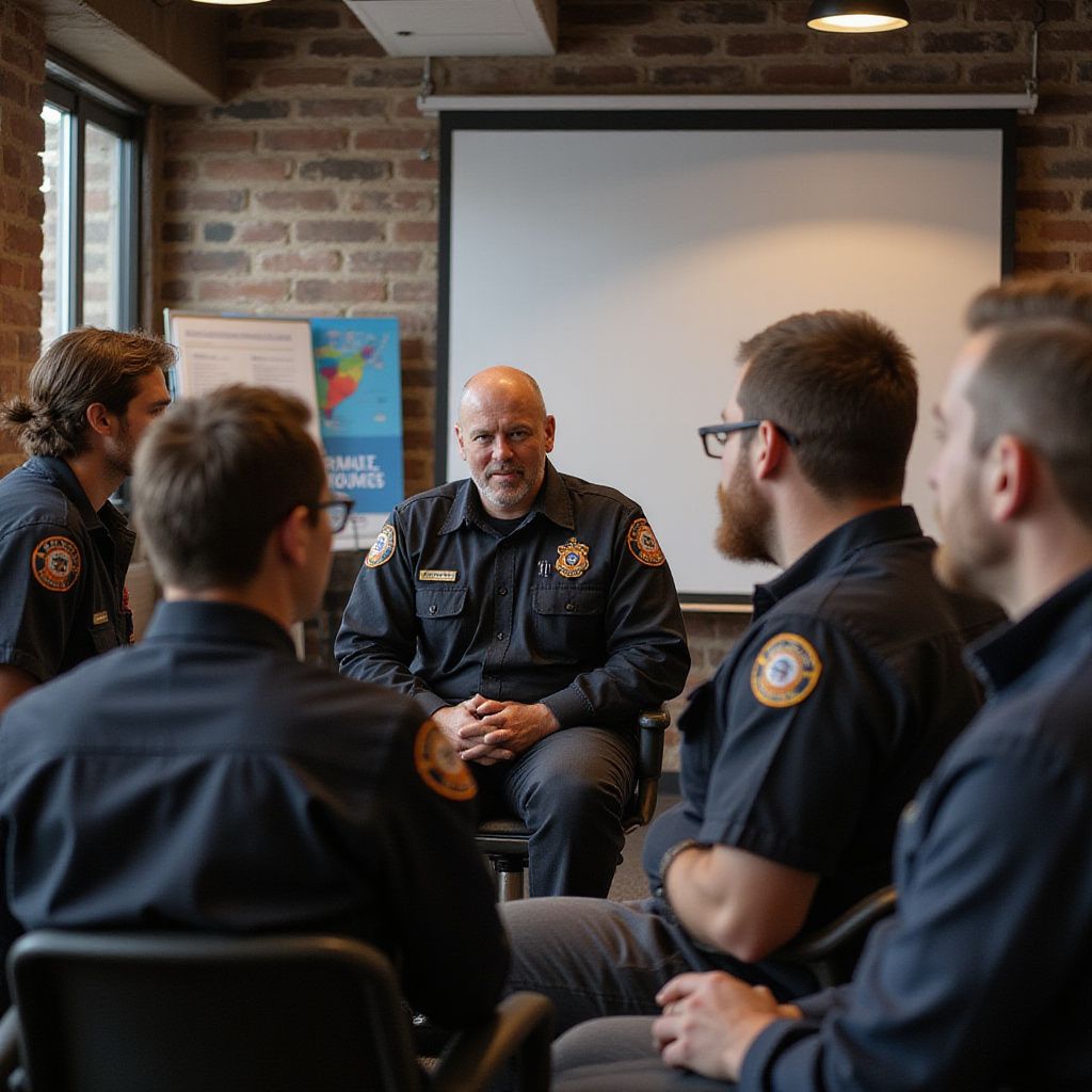 Firefighters in a meeting, with an instructor in the center and a screen behind them in a modern room.