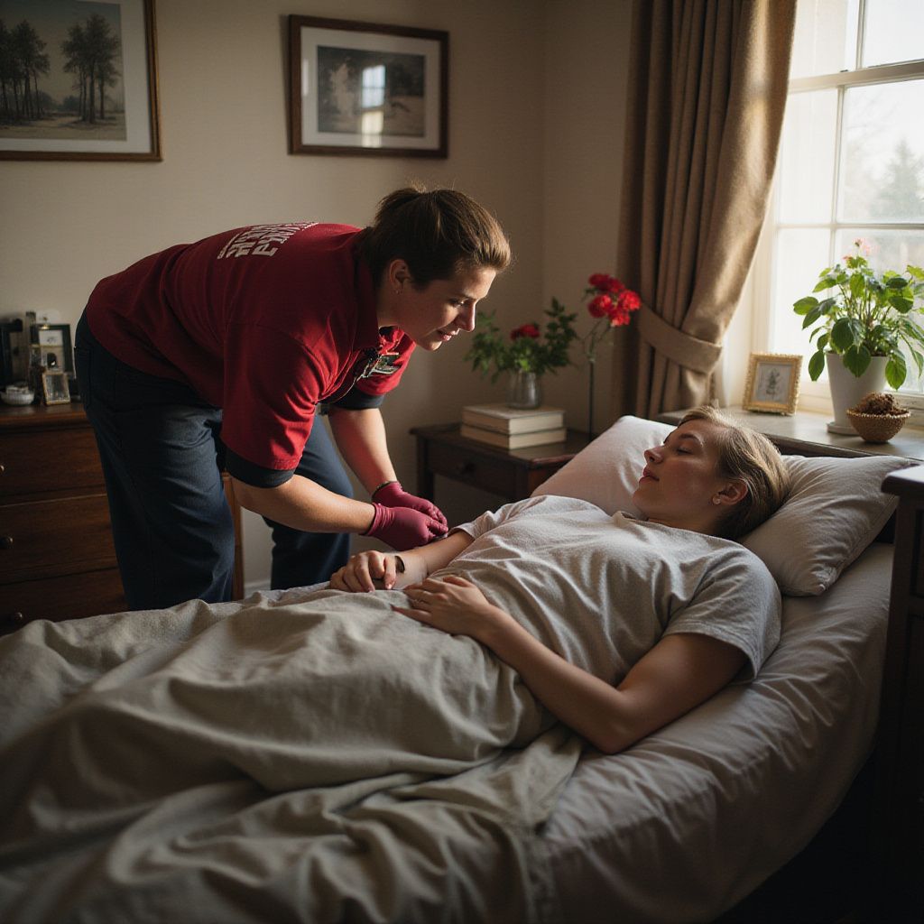 A person in a maroon shirt administers care to someone lying in bed. Room with natural light.
