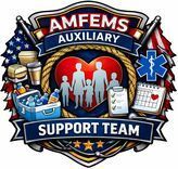 AMFEMS Auxiliary Support Team logo: Shield with family, medical, and support symbols. American flags flank the design.