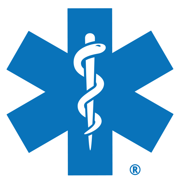 Blue Star of Life symbol with white caduceus.