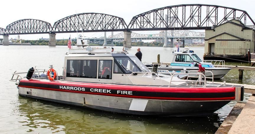 A fireboat with red and white trim, 