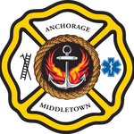 Fire department logo: yellow Maltese cross with text 