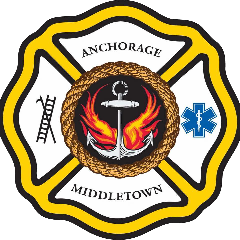Anchorage-Middletown Fire Department logo: Maltese cross with rope-bordered anchor and flames, ladder, EMS star.