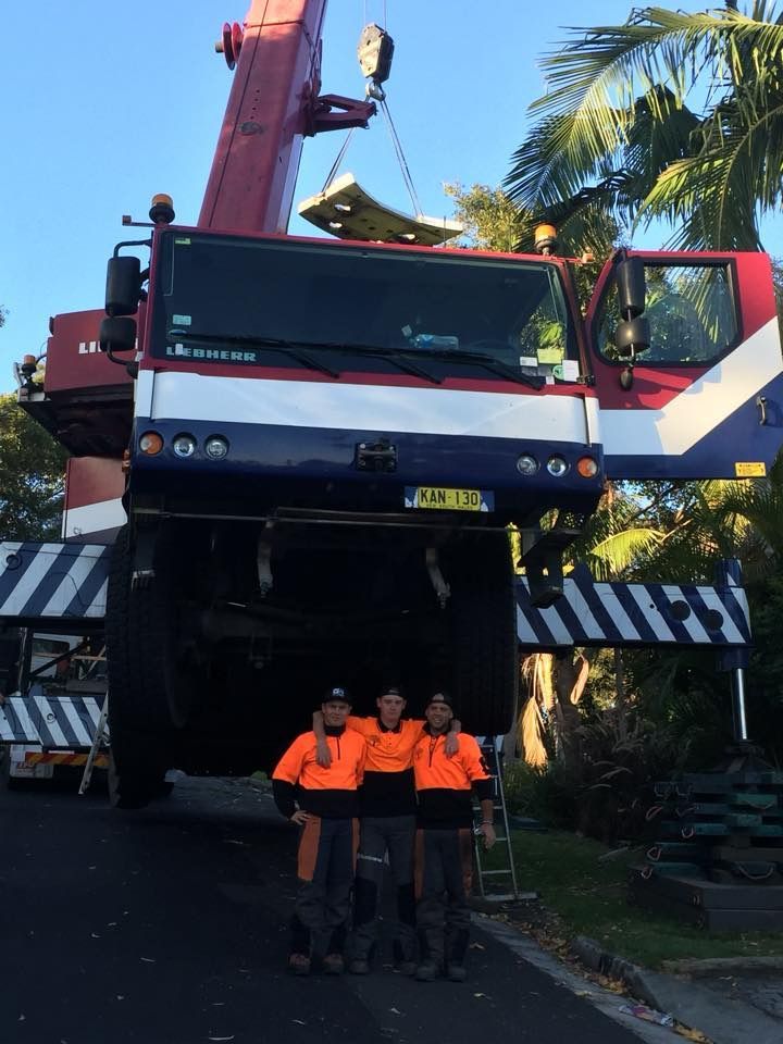 Three Men Standing In Front Of A Red White And Blue Crane — All Area Tree Service Pty Ltd In Fountaindale, NSW