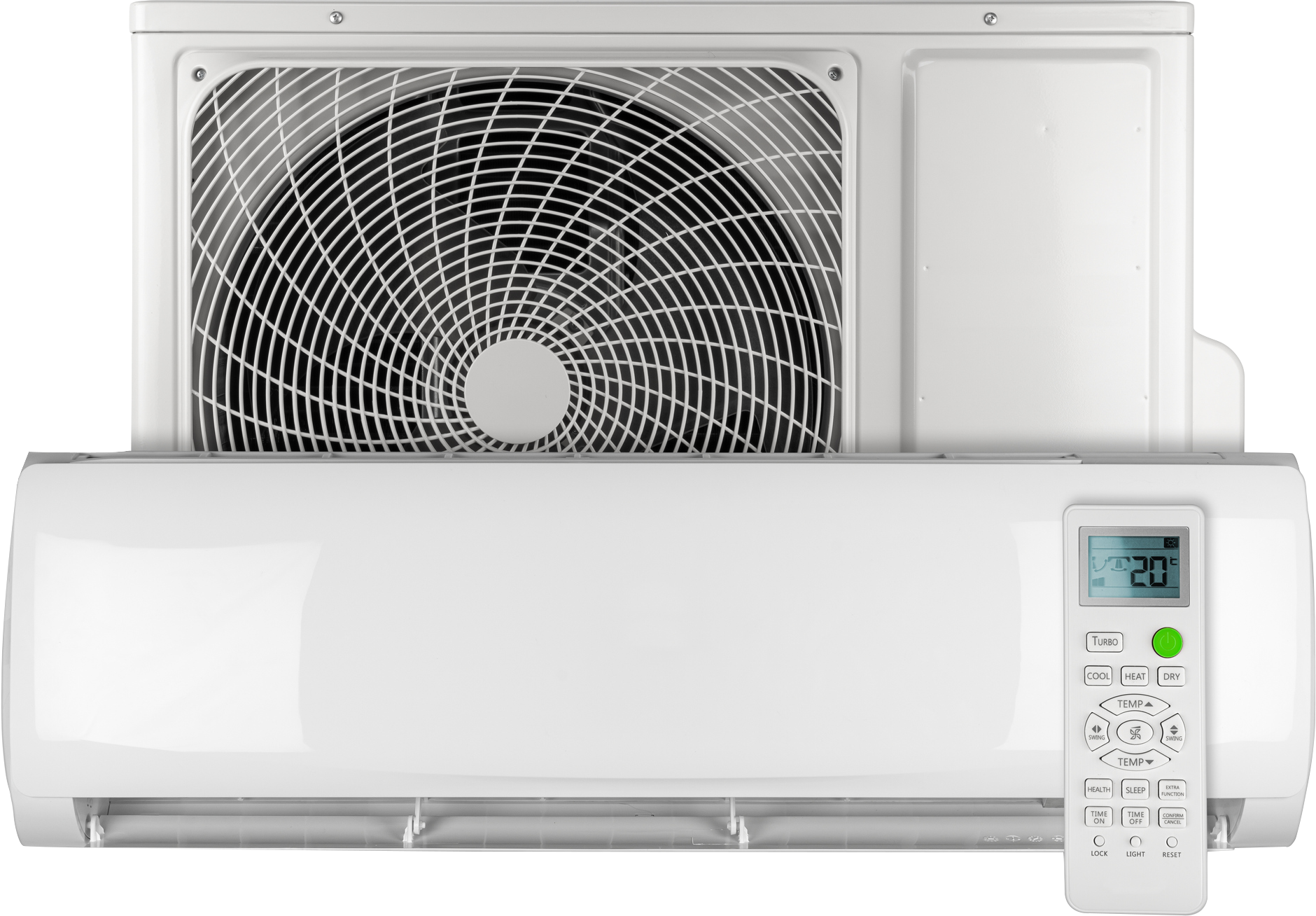 A white air conditioner with a remote control attached to it. A white air conditioner with a remote control attached to it.