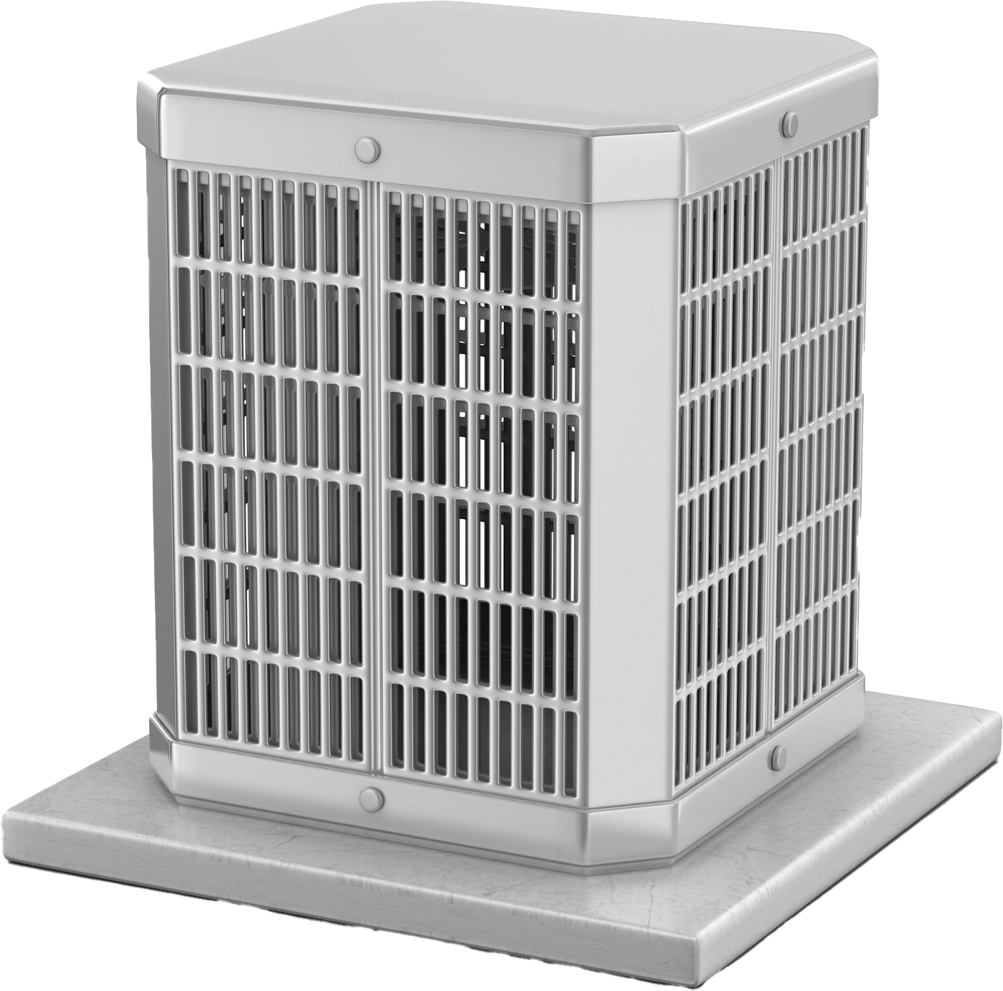 A white air conditioner is sitting on a white base