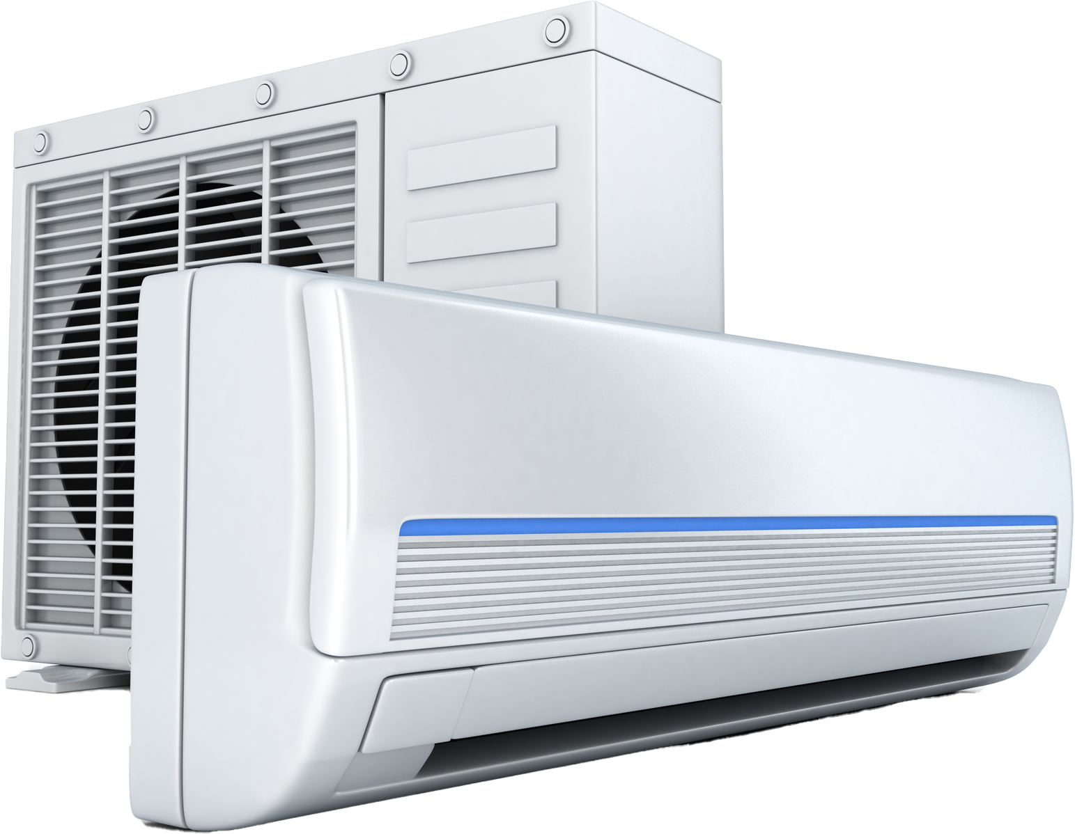 Two white air conditioners are sitting next to each other on a white background. Two white air conditioners are sitting next to each other on a white background.