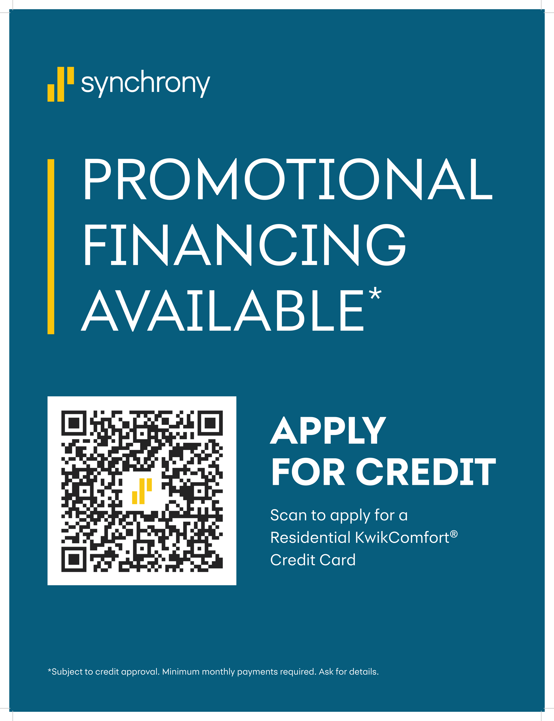 A blue poster with a qr code on it that says `` promotional financing available ''. A blue poster with a qr code on it that says `` promotional financing available ''.