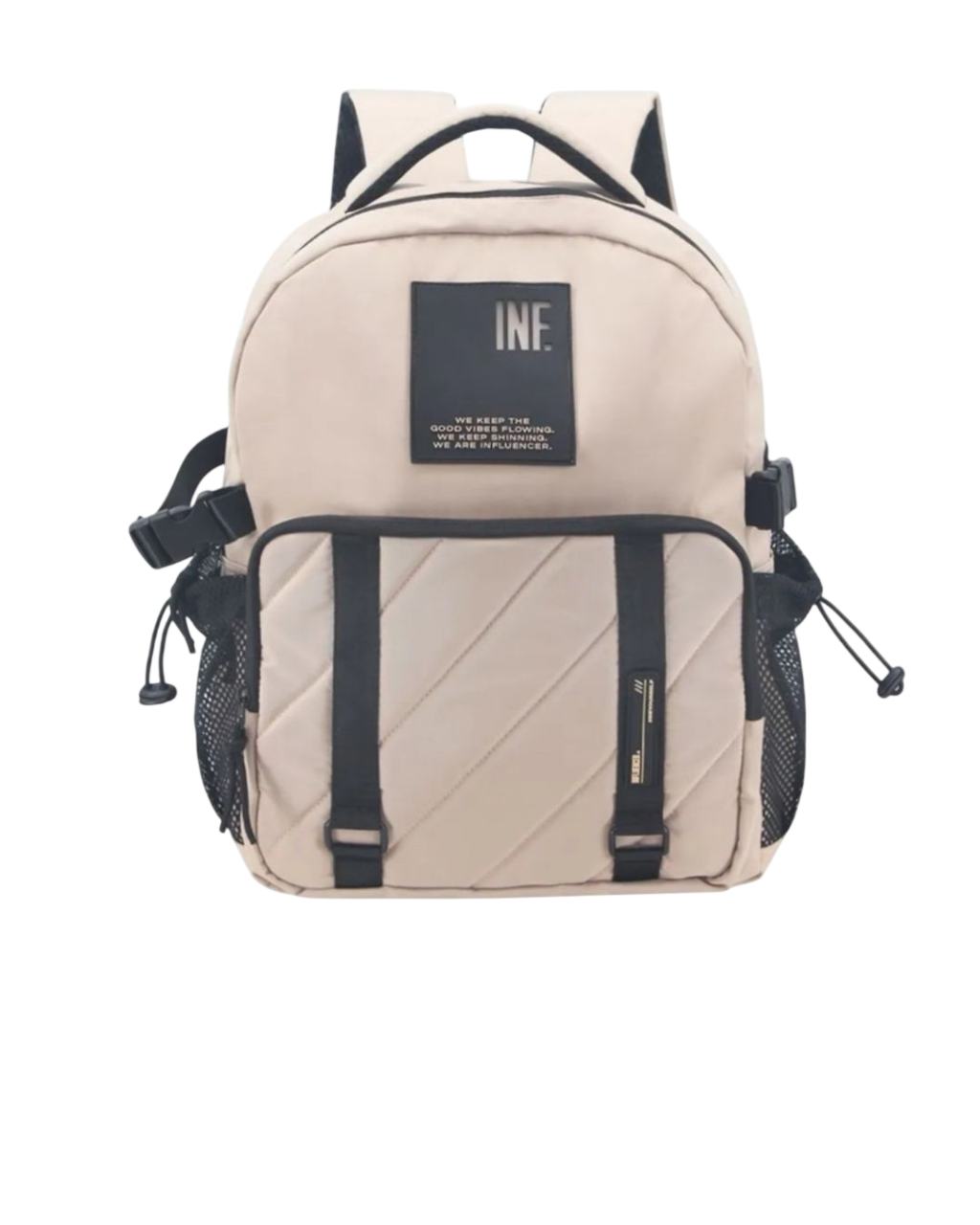 Mochila beige con detalles en negro, bolsillo frontal y bolsillos laterales de malla. Logotipo
