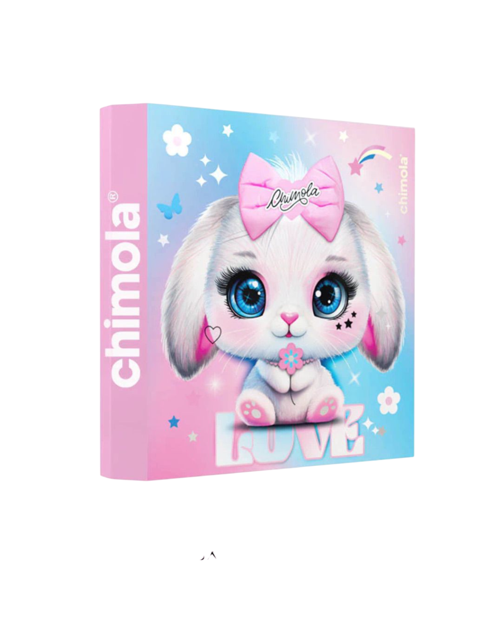 Una caja Chimola con un conejito blanco con un lazo rosa y una estrella en la mano. Fondo rosa y azul.