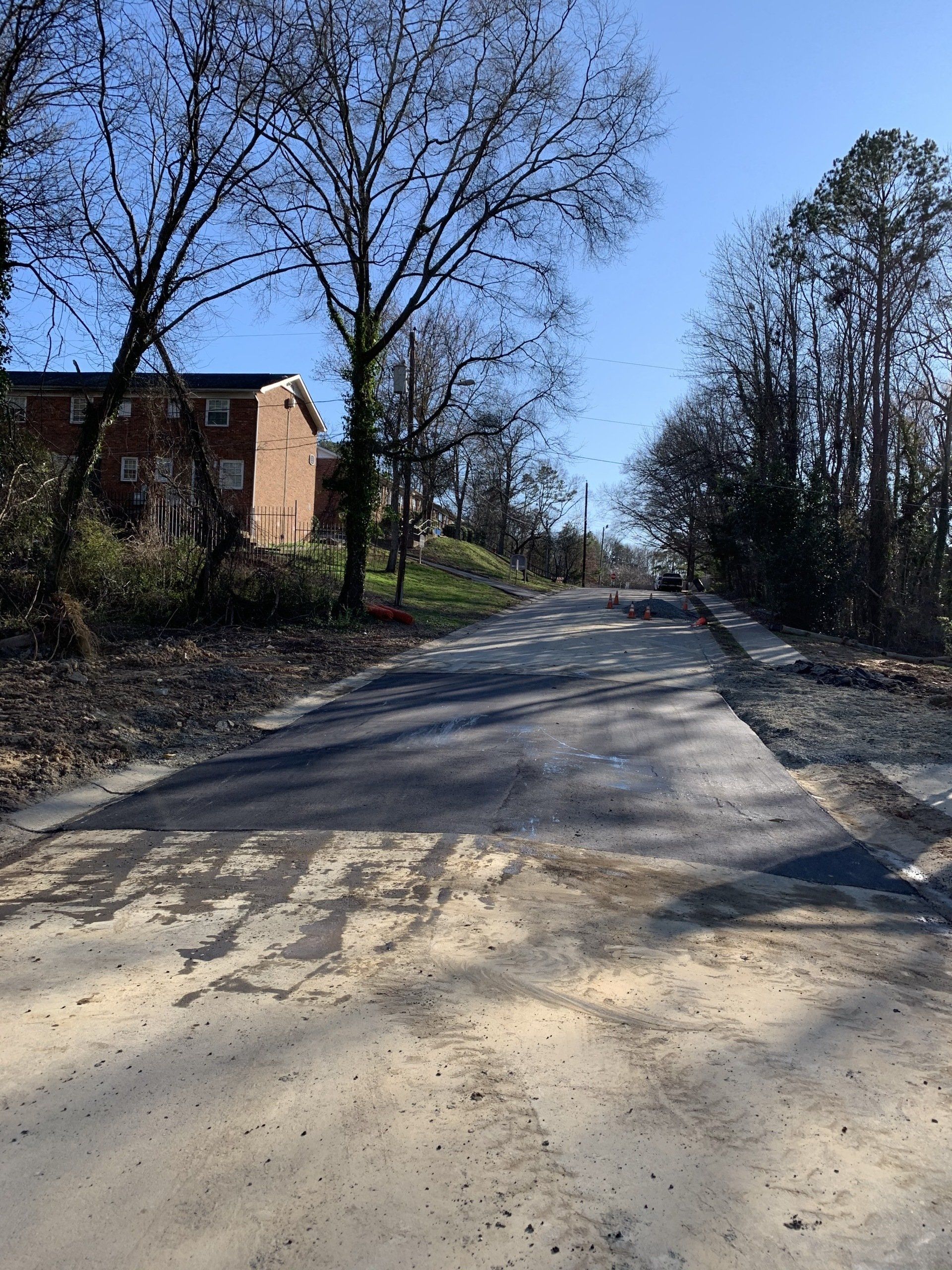 Asphalt road with brown trees under a blue sky, building on the left, wooded area on the right.