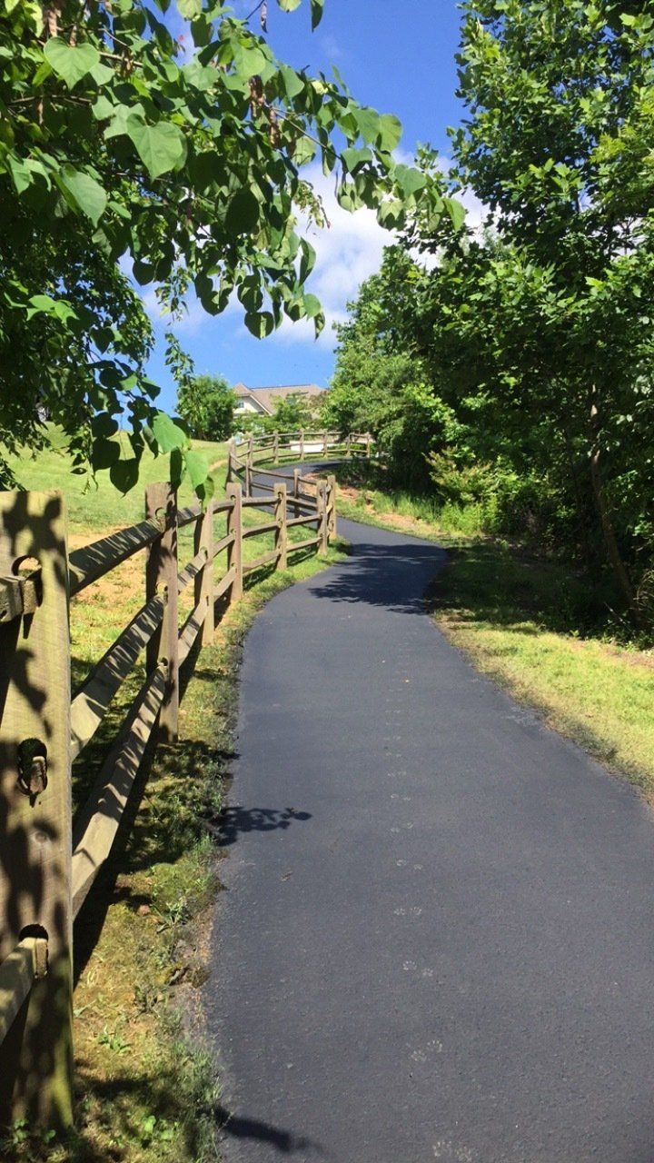 Paved path curves uphill, bordered by a wooden fence and trees, under a blue sky.