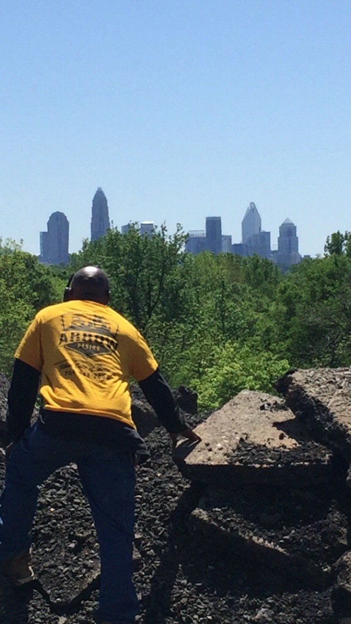 Person in yellow shirt overlooking a city skyline. Green trees and debris in foreground, blue sky.