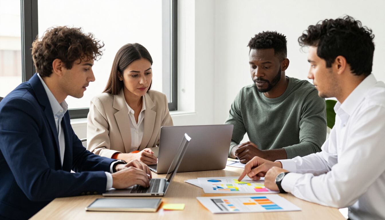 Four people in a meeting around a laptop, reviewing charts and documents on a table