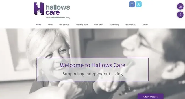 Hallows Care website homepage: Two people smiling, purple/white logo, 