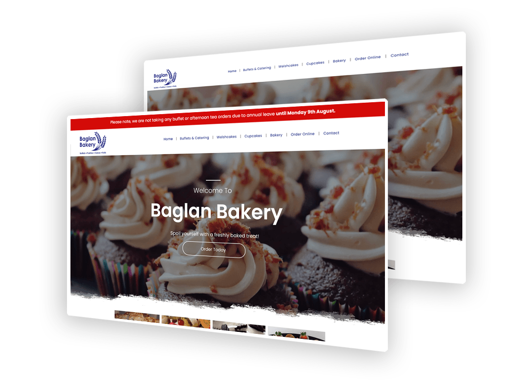 Baglan Bakery website mockups on white background, showcasing cupcakes and menu navigation.
