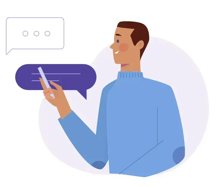 Man in blue sweater texting on a smartphone, smiling, with speech bubbles.