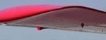 Close-up view of a red-tipped airplane wing against a pale blue sky.