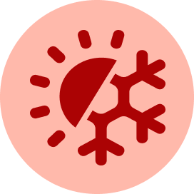 A red circular icon featuring a central circle surrounded by eight short, evenly spaced radiating lines, representing a sun.