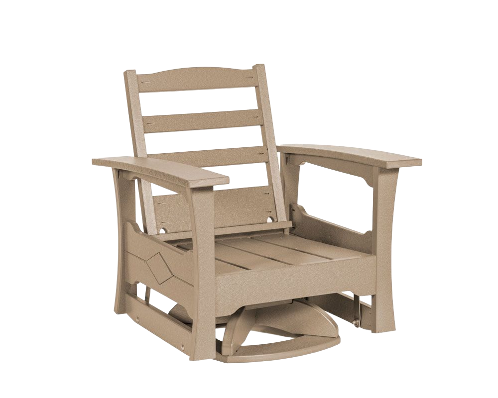 A light tan, slatted outdoor lounge chair with armrests and back support against a white background.
