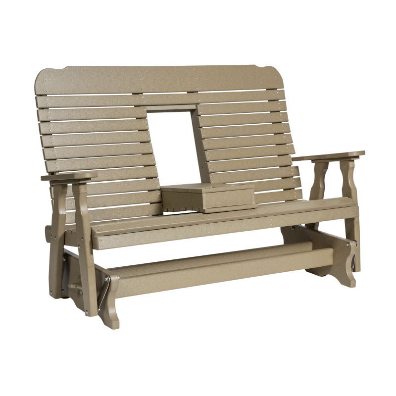 A tan, two-seater outdoor glider chair with a slatted backrest, shown on a white background.