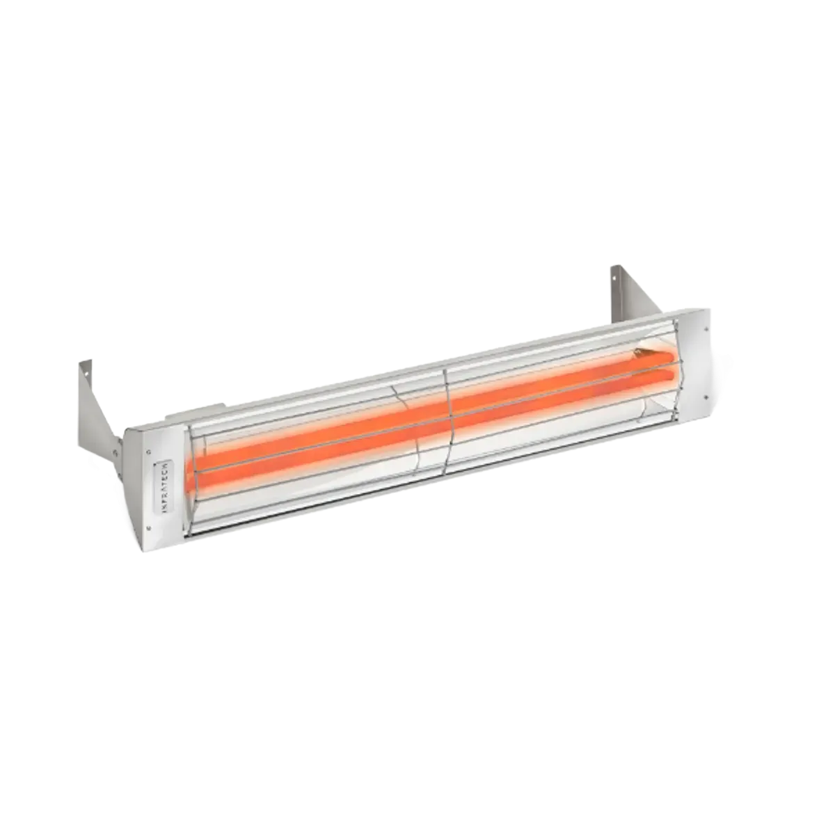 A long, horizontal silver electric infrared patio heater with a central red heating element and wall mounting brackets.