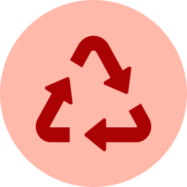 A dark red universal recycling symbol centered on a pale pink circular background.
