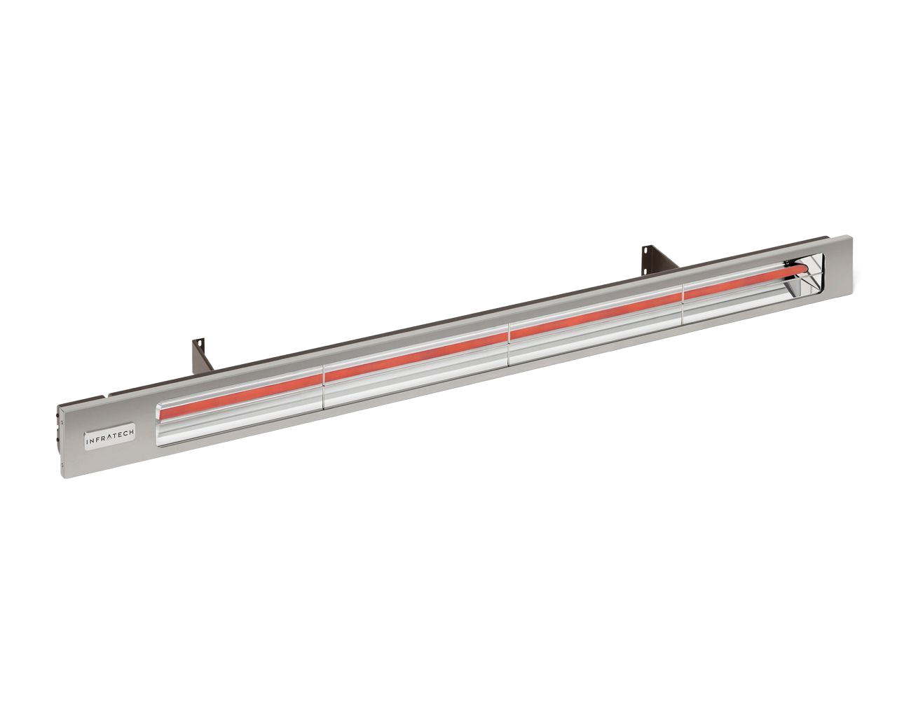 A long, horizontal silver electric infrared patio heater with a central red heating element and wall mounting brackets.