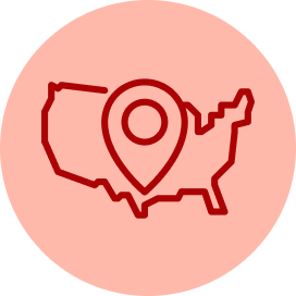A red circular icon featuring a central circle surrounded by eight short, evenly spaced radiating lines, representing a sun.