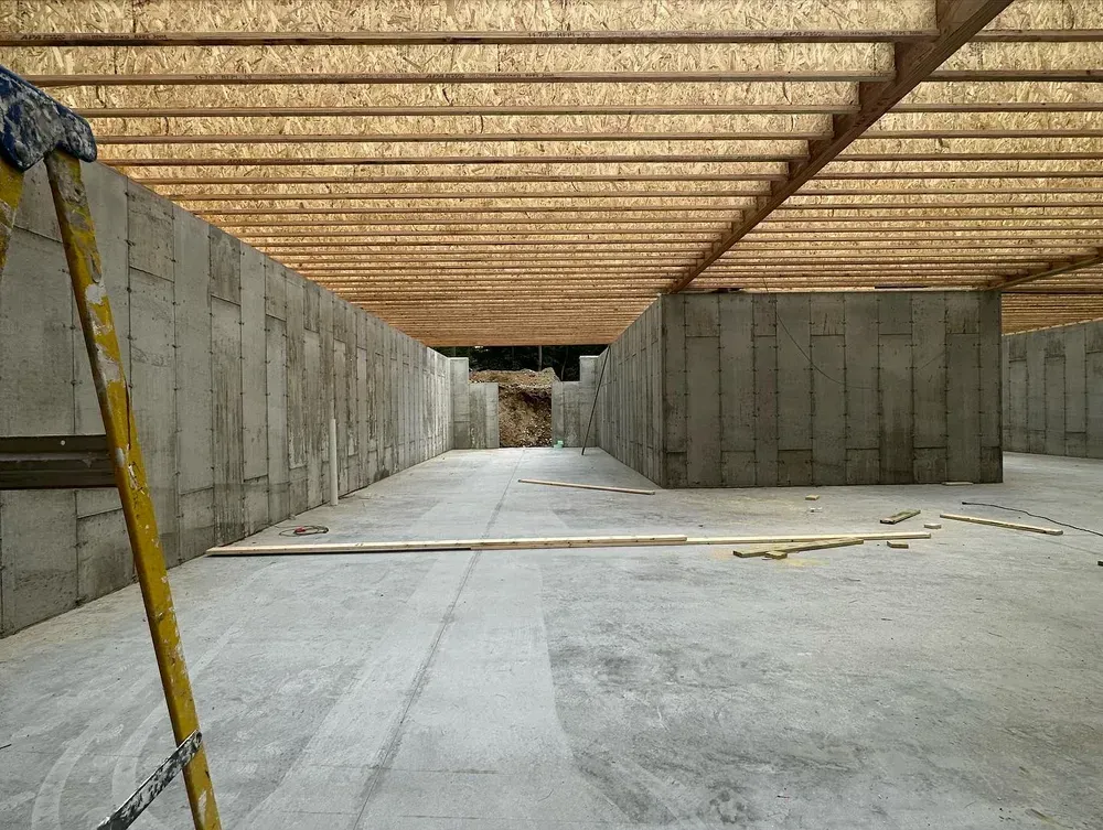 An unfinished basement interior with concrete walls, a concrete floor, and exposed wooden joists on the ceiling.