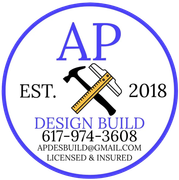 A circular company logo for AP Design Build, featuring a hammer and ruler icon, contact information, and business status.