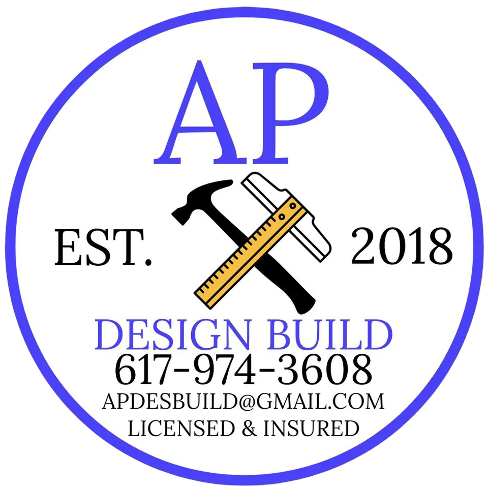 A circular company logo for AP Design Build, featuring a hammer and ruler icon, contact information, and business status.